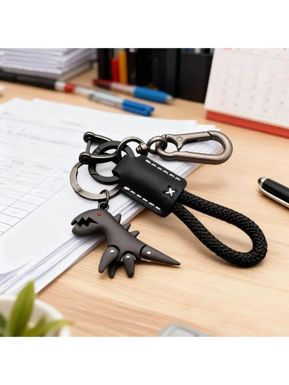 Dinosaur Keychain & Hand-Woven Bracelet Set | Metal Charm for Backpack Accessory